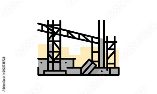 gritty construction site backdrop exposed steel beams concrete pipes abandoned scaffolding bathed warm golden light late