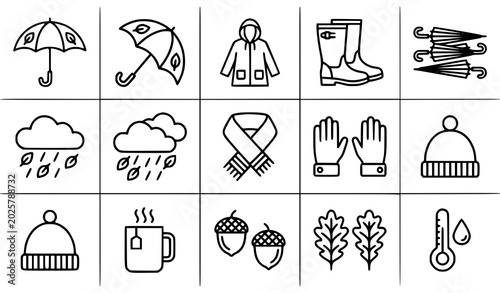 Schilderij op canvas Autumn weather icons set line art illustration for seasonal designs