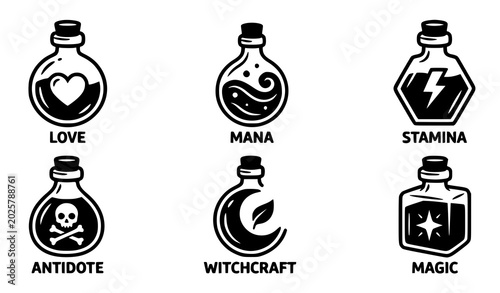 Photography Potion bottle icons set love mana stamina antidote witchcraft magic