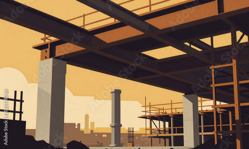 gritty construction site backdrop exposed steel beams concrete pipes abandoned scaffolding bathed warm golden light late