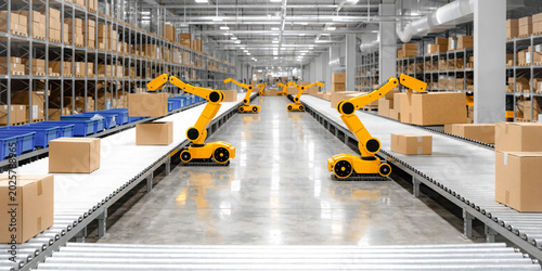 Automated robotic arms sorting packages on conveyors in a large