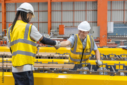 Asian senior foreman worker with safety vest and helmet having hands shake with colleague after finishing machine maintenance in manufacturing factory. Happy elderly supervisor work in industrial site