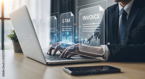 Digital invoicing and e tax filing concept with business professional using laptop