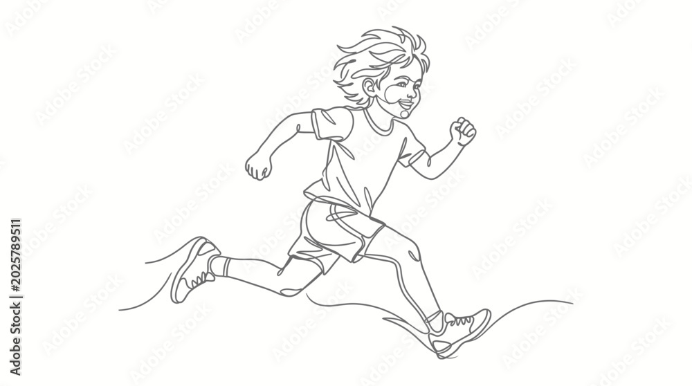 Fototapeta premium Continuous single line drawing of a happy young boy running fast.