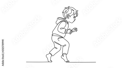 Photography Continuous line drawing of a little boy walking sneakily.