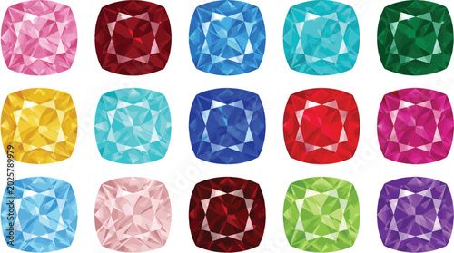 Photos Colorful Cushion Cut Gemstone and Birthstone Vector Icon Set Isolated on White B