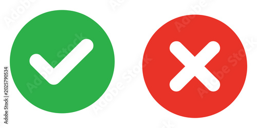 Photos Sharp green checkmark and red cross on isolated white background, correct and in