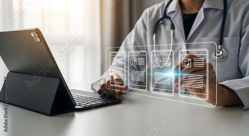 Doctor utilizing digital healthcare technology with tablet and mobile app interfaces