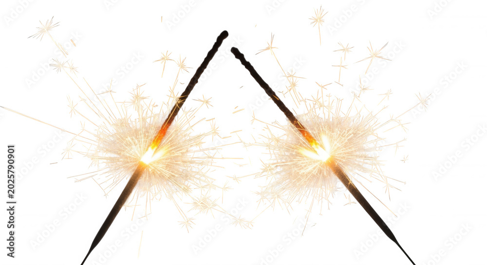 Fototapeta premium Two burning sparklers emitting bright white and yellow light sparks against a solid black background, creating a festive celebration effect