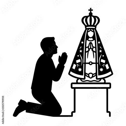 Silhouette of a man kneeling before Our Lady of Aparecida, on a transparent background. Perfect for faith and devotion.