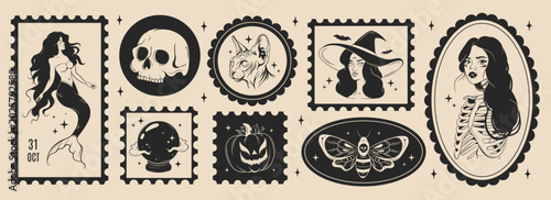 Bild auf Leinwand Halloween postage stamps and badges in hand drawn style