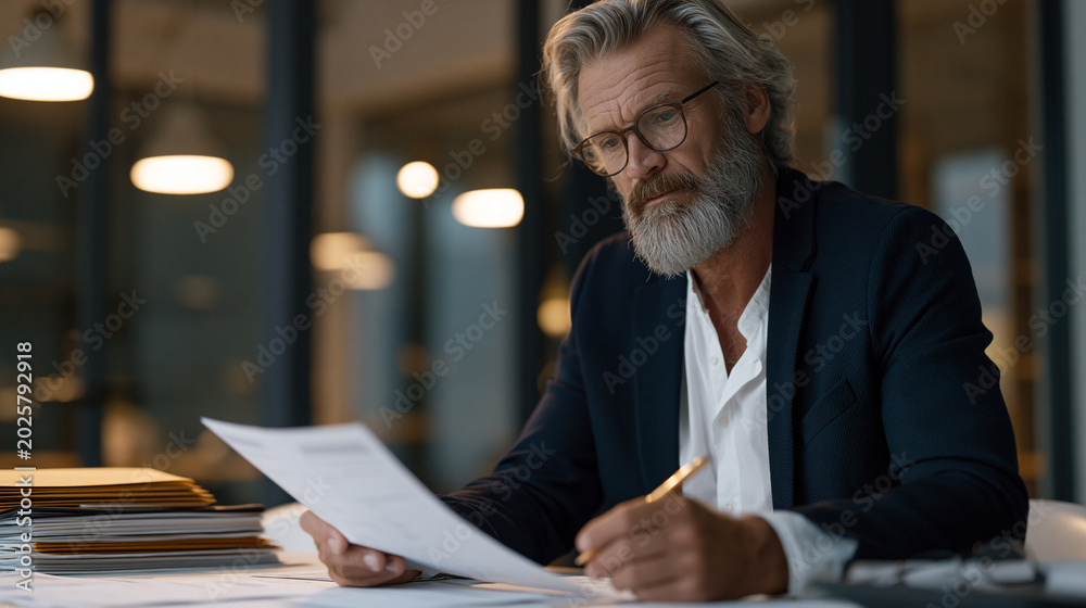 Fototapeta premium International procurement manager reviewing ethical supplier certifications in a glass-walled conference room, stacked folders and compliance checklists on the table, supply chain ethics focus durin