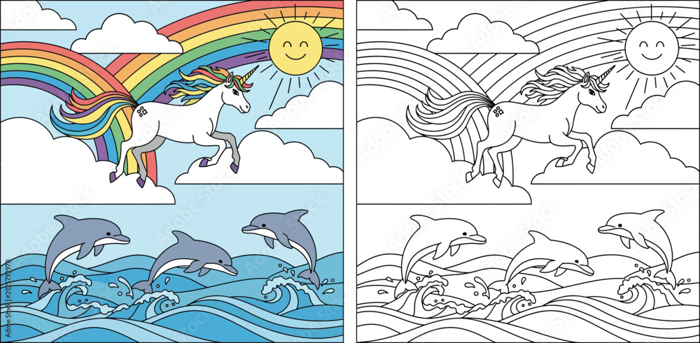 Fototapeta premium Cute Cartoon Unicorn Leaping Over Clouds with Rainbow and Dolphins Jumping in the Ocean
