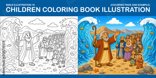 Engaging Children's Bible Story Illustration: Coloring Page Featuring a Leader and His Followers in Two Styles for Creative Fun and Learning