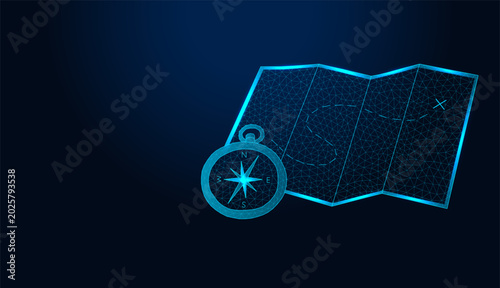 Low poly wireframe map and compass navigation on dark blue background.