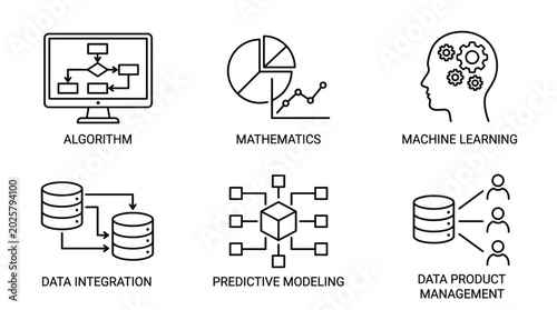 Foto Vector graphic illustration of Black and white line icons of data analysis and m