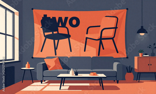 sleek modern living room backdrop vibrant chairs banner stretching across wall lit soft warm sunlight streaming