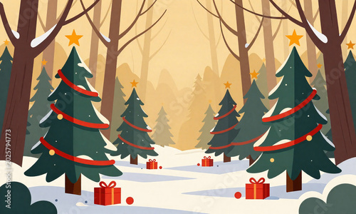 forest dawn illuminated warm golden light features festively decorated christmas trees wrapped vibrant red garlands