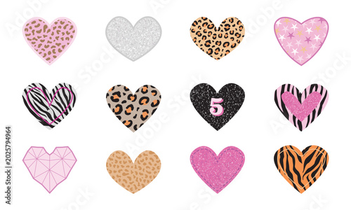 Set of glamour hearts with animal prints and textures. A collection of design elements with leopard, cheetah, zebra and tiger patterns, pink glitter, stars and geometric patterns.