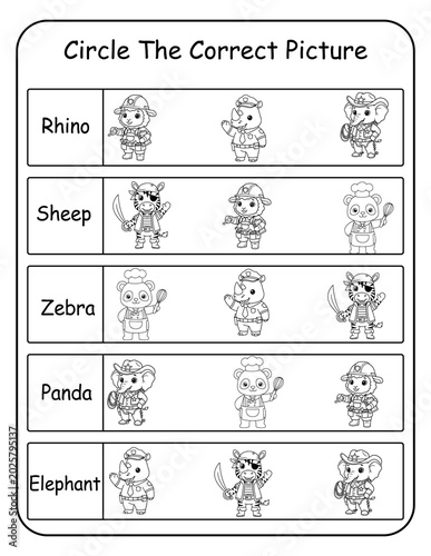 фотографія Printable costume animal word recognition worksheets for preschool and pre-k learners