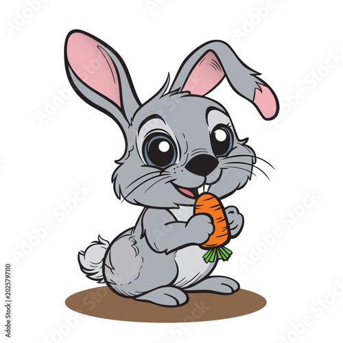 An adorable grey cartoon bunny with large expressive eyes happily chewing on a fresh orange carrot. Friendly animal character illustration isolated on a white background.