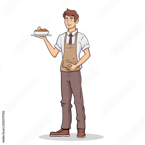 A friendly young waiter wearing a uniform, tie, and apron stands while balancing a plate of hot food on his hand. Full-length cartoon character design isolated on a white background.