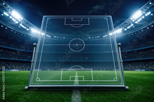 Transparent Tactical Soccer Football Game Plan Board in Professional Stadium