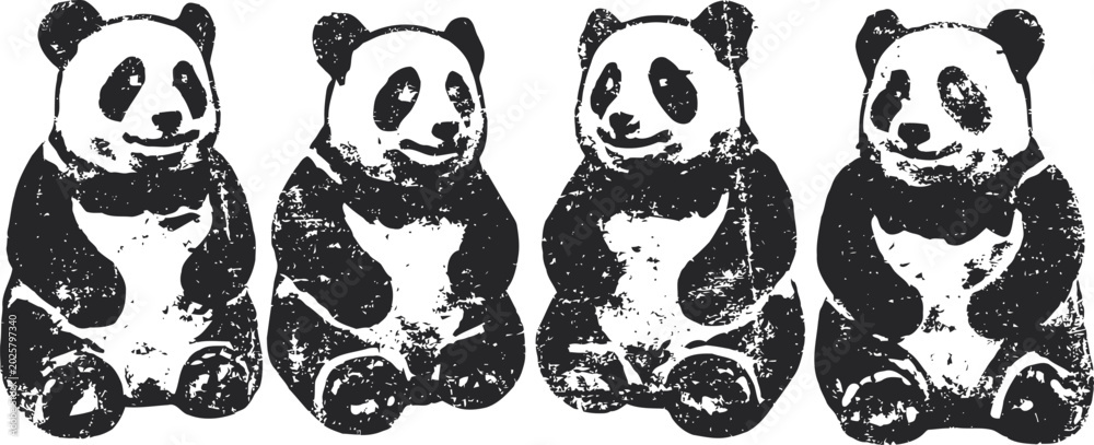 Obraz premium Four sitting pandas illustration with textured black and white design