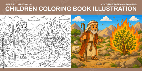 Engaging Children's Coloring Book Illustration of a Biblical Story with a Character in a Landscape Featuring a Burning Bush and Surrounding Sheep