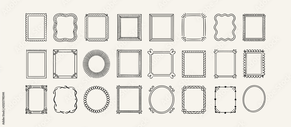 Obraz premium Hand drawn line frames, cute doodle borders with wavy lines and swirls. Rectangular shapes with scribbled edges or zigzag lines, minimalist outline decorative frame vector design element set