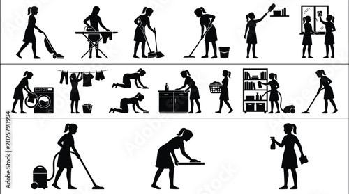 Canvastavla House Cleaning Silhouettes Collection Featuring Women Vacuuming Washing Dusting