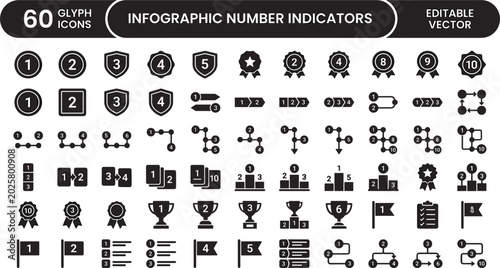 Infographic Number Indicators Glyph Icons Set for Step Labels, Ranking Badges, Timeline Markers, and Presentation Design