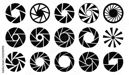 Photos Photo camera lens diaphragm icon set featuring shutter aperture symbols, photogr