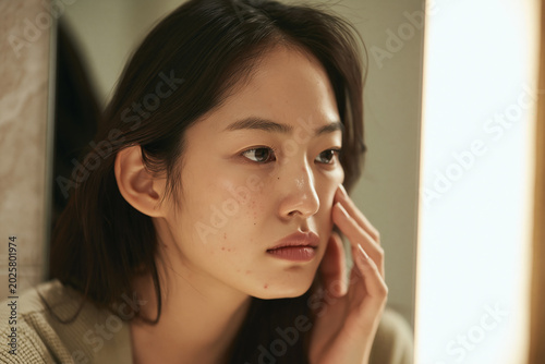Young Woman With Worried Expression Touching Face Despairing Over Acne Problems In Front Of Mirror
