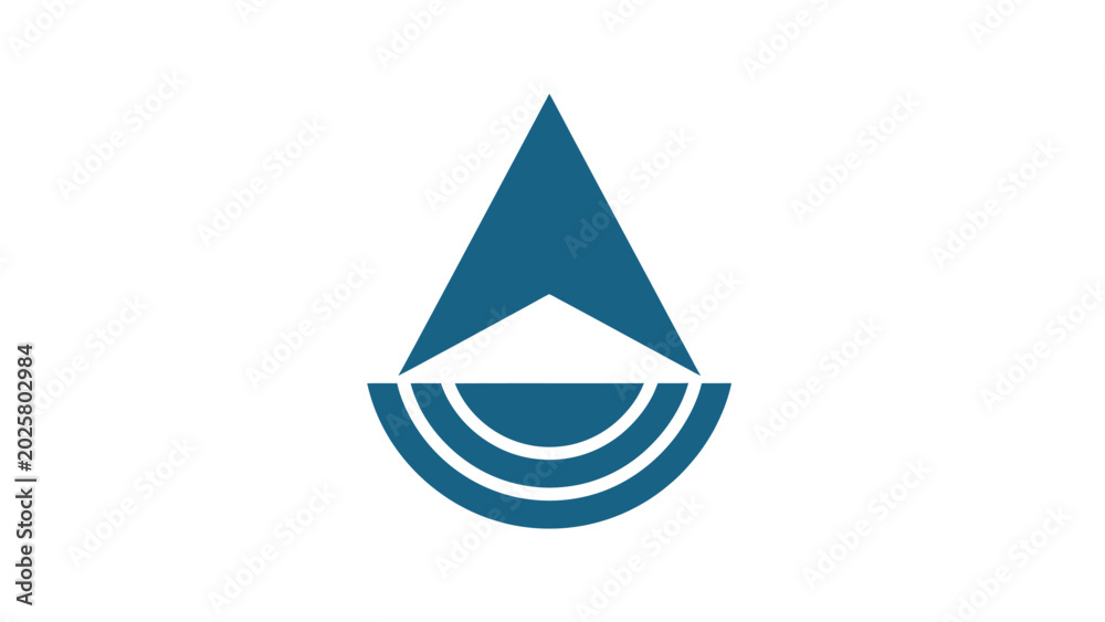 Fototapeta premium Abstract blue arrowhead shape above concentric arcs on a white background