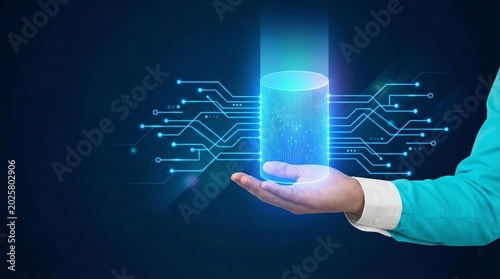 Businessman hand holding holographic database server. Concept of digital cloud infrastructure system for data storage migration and network technology management.