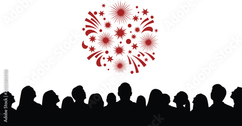 People watching colorful fireworks display at night Vector, illustration