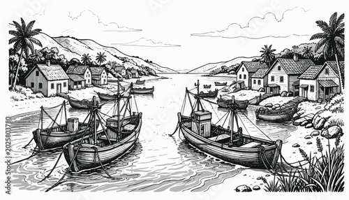Foto Old Fishing Boat Near a Fishing Village with an Old Man on the Beach