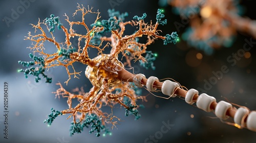 3D render of a single giant neuron with full dendritic tree, cell body made of translucent gold-tinted organic material, long axon wrapping across the frame