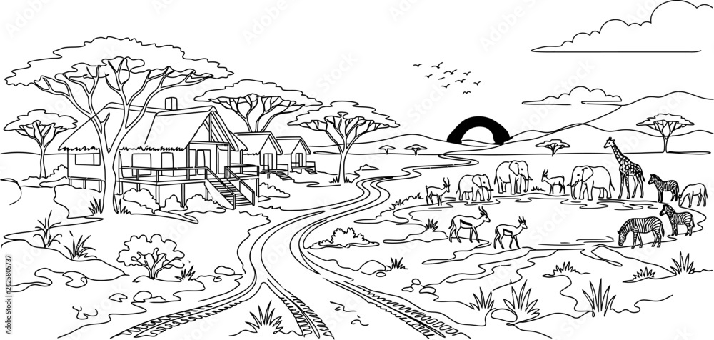 Fototapeta premium African Safari Landscape Line Art Illustration for Travel Branding