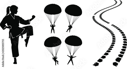 Photos Martial artist parachute skydiving silhouettes and tire track marks collection i