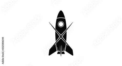 Black rocket illustration with crossed lines represents an aborted launch or cancellation concept.