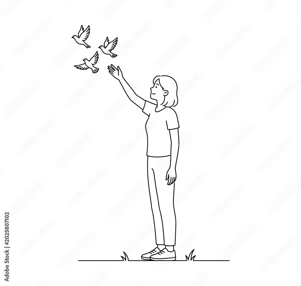 Fototapeta premium Woman Releasing Birds Freedom Hope Optimism Concept Outline Art