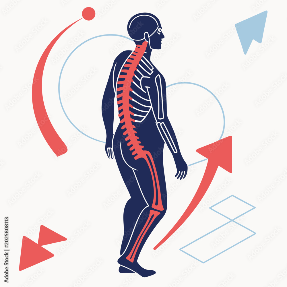 Obraz premium Human spine anatomy with abstract arrows on white.