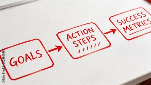 A visual representation of a business strategy process on a whiteboard, highlighting key elements of goal setting, action planning, and measuring success.