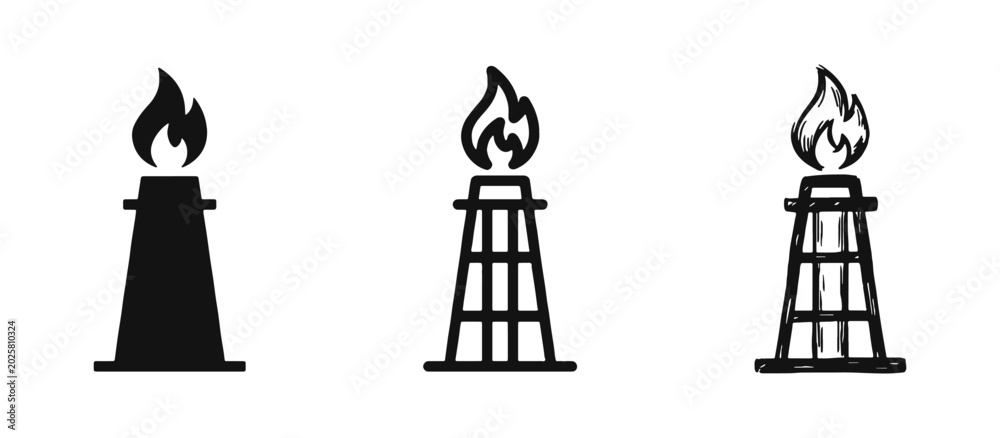 Fototapeta premium Industrial oil refinery tower icon set with flame and chimney