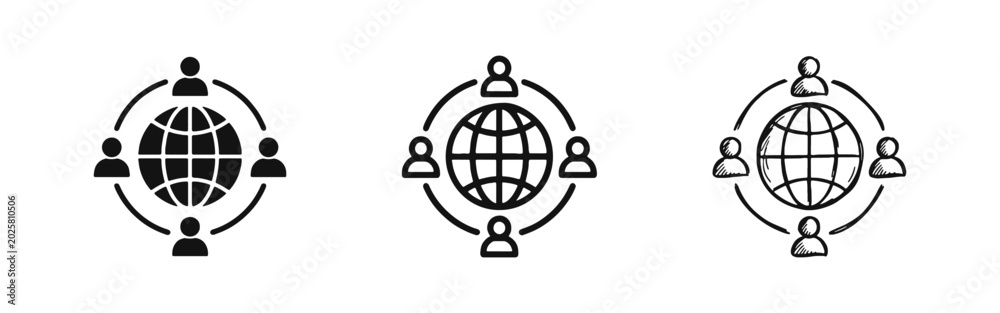 Fototapeta premium Global network and international community icon set with people and globe