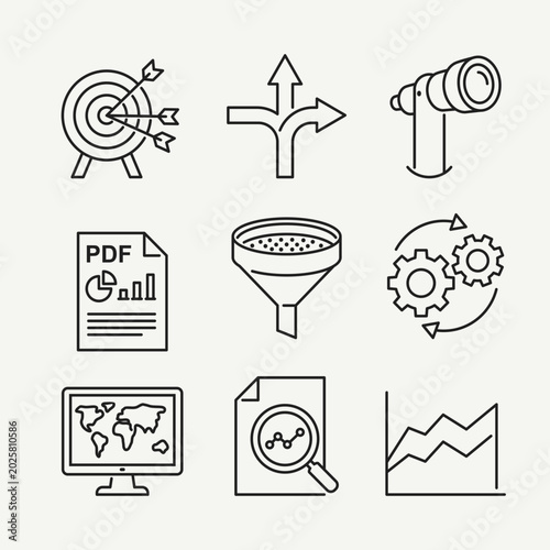 Collection of line icons illustrating business strategy, data analysis, planning, and future vision for success and growth
