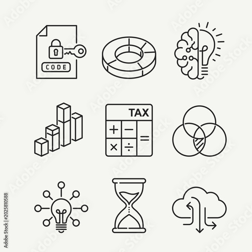 Illustration of modern business and technology icons representing concepts like data analysis, finance, creativity, and efficiency