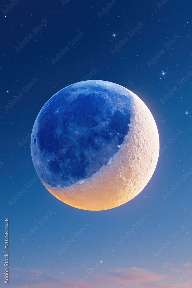 Obraz premium Bright crescent moon glowing in dark blue starry sky. Celestial body lunar surface with crater detail against infinite cosmos. Astronomical exploration of night space science concept.